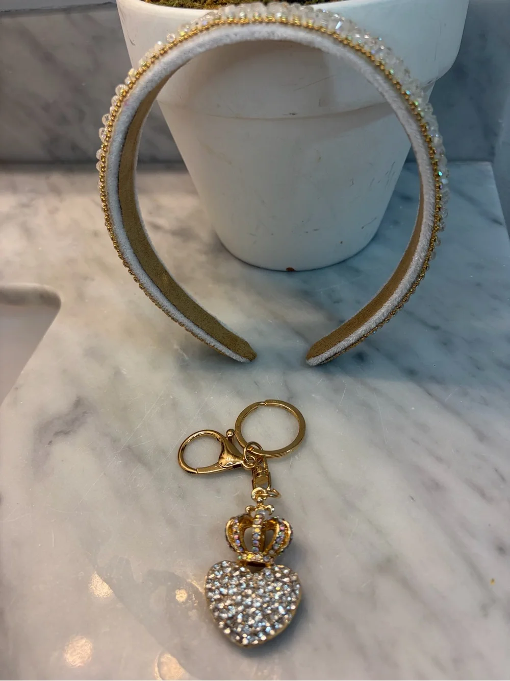 Princess Bundle Gold-Trim White Headband and Gold Crystal Heart Keychain